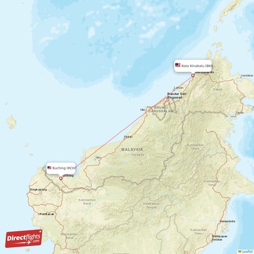 Kuching - Kota Kinabalu direct flight map