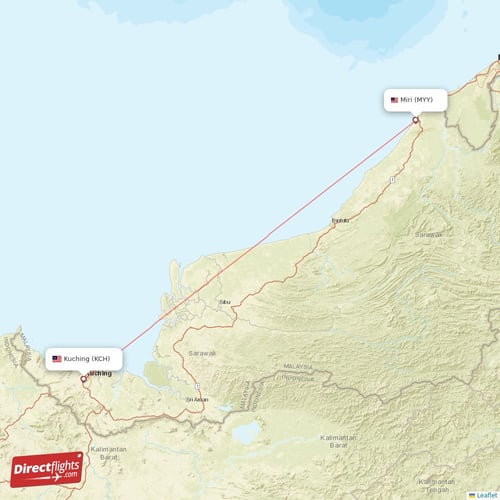 Kuching - Miri direct flight map