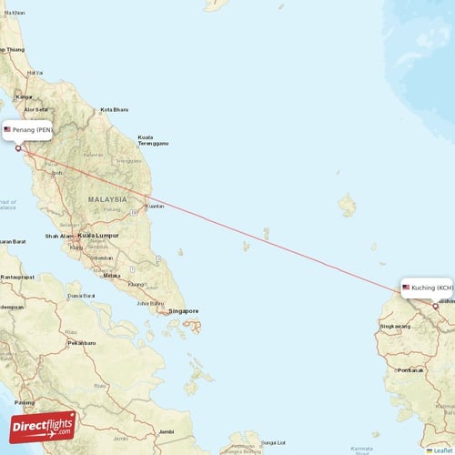 Kuching - Penang direct flight map