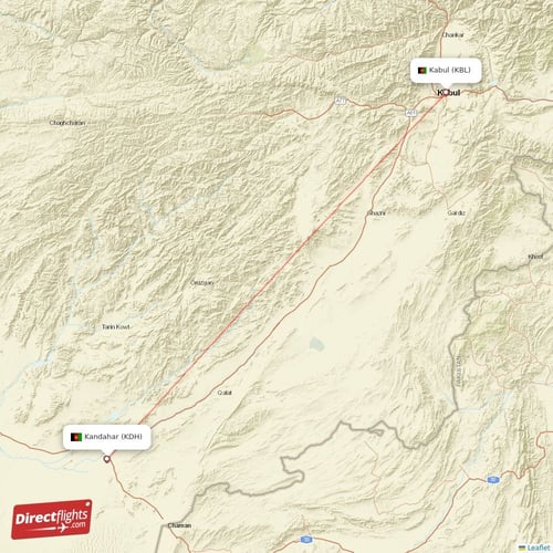 Kandahar - Kabul direct flight map