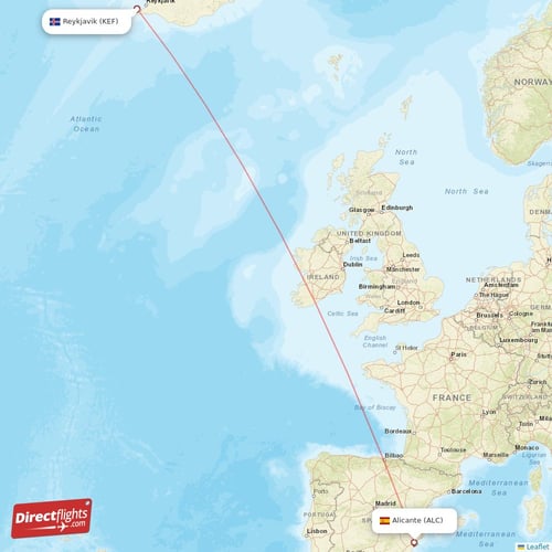 Reykjavik - Alicante direct flight map