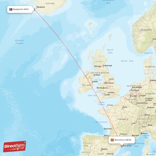 Reykjavik - Barcelona direct flight map