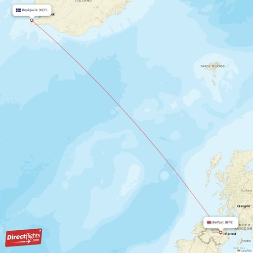 Reykjavik - Belfast direct flight map