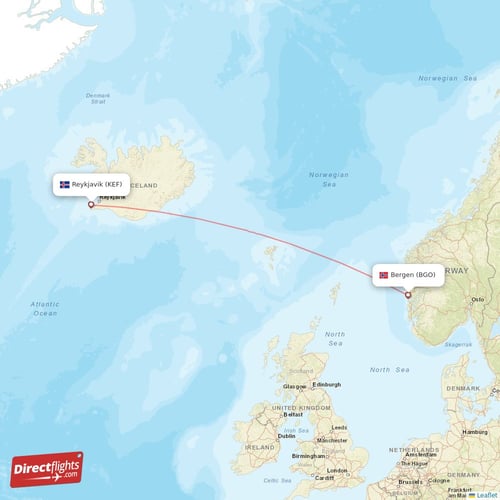 Reykjavik - Bergen direct flight map