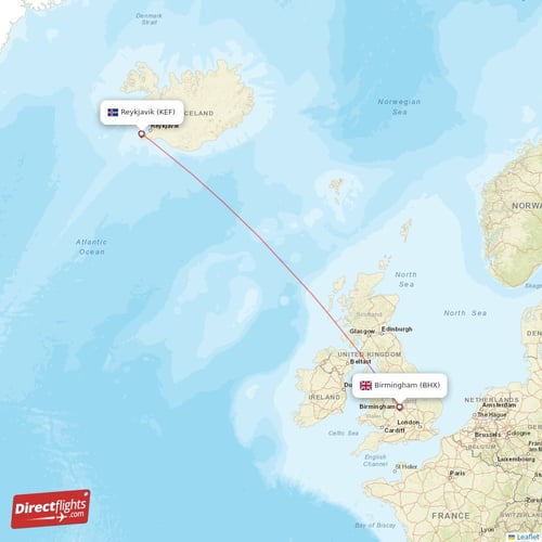 Reykjavik - Birmingham direct flight map