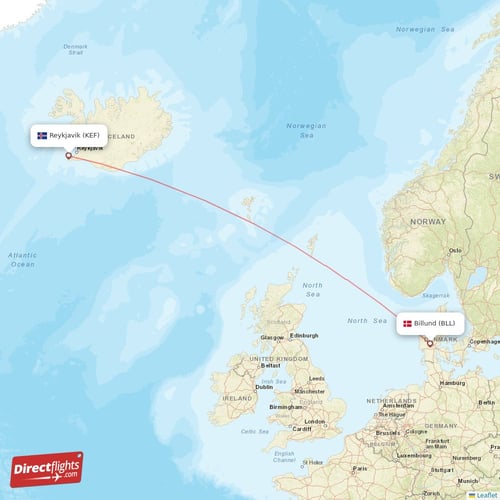 Reykjavik - Billund direct flight map