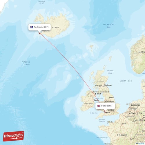 Reykjavik - Bristol direct flight map