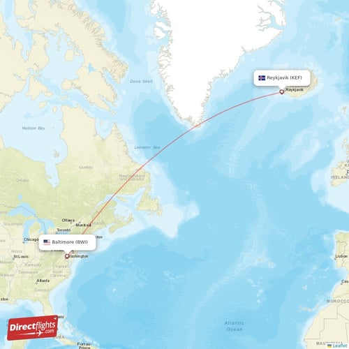 Reykjavik - Baltimore direct flight map