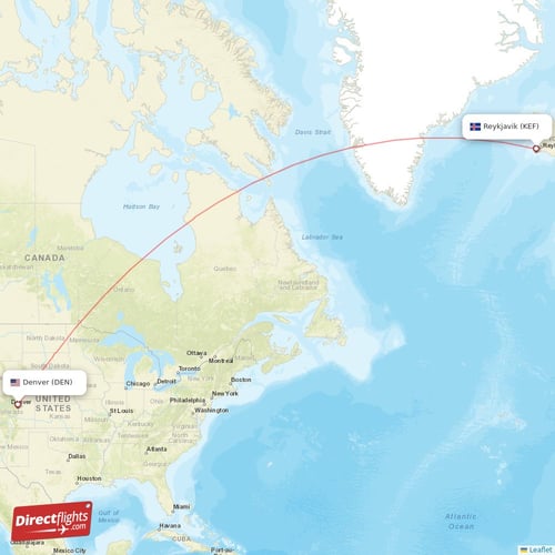 Reykjavik - Denver direct flight map