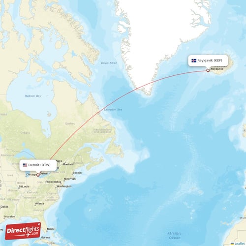 Reykjavik - Detroit direct flight map
