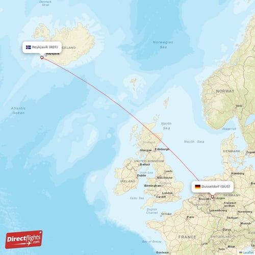 Reykjavik - Dusseldorf direct flight map