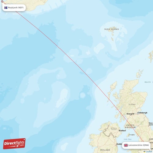 Reykjavik - Leicestershire direct flight map