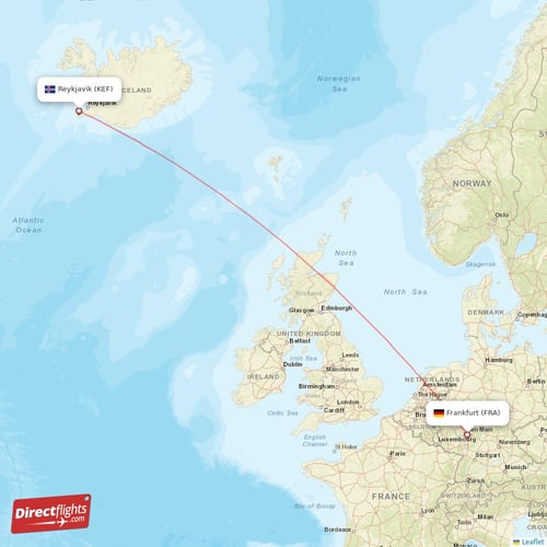 Reykjavik - Frankfurt direct flight map