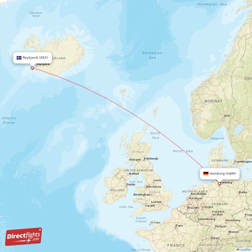 Reykjavik - Hamburg direct flight map