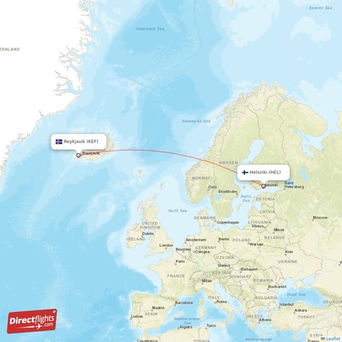 Reykjavik - Helsinki direct flight map