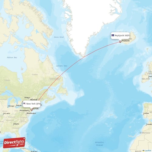 Reykjavik - New York direct flight map