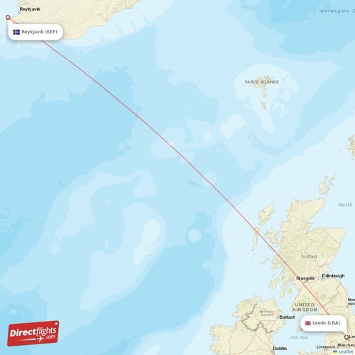 Reykjavik - Leeds direct flight map