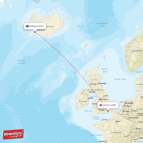 Reykjavik - London direct flight map