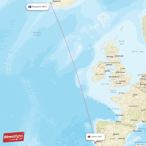 Reykjavik - Lisbon direct flight map