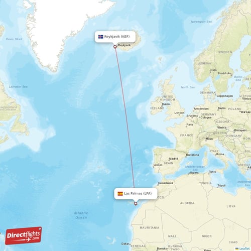Reykjavik - Las Palmas direct flight map
