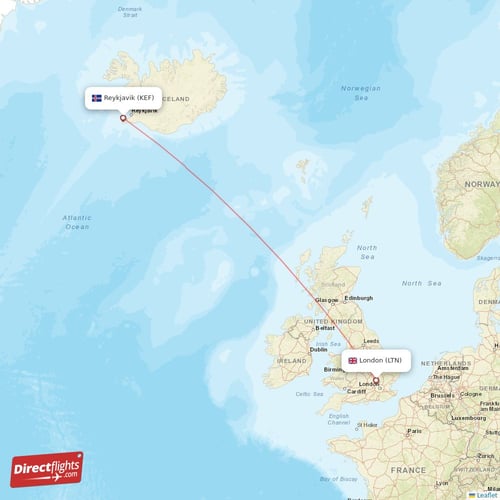 Reykjavik - London direct flight map