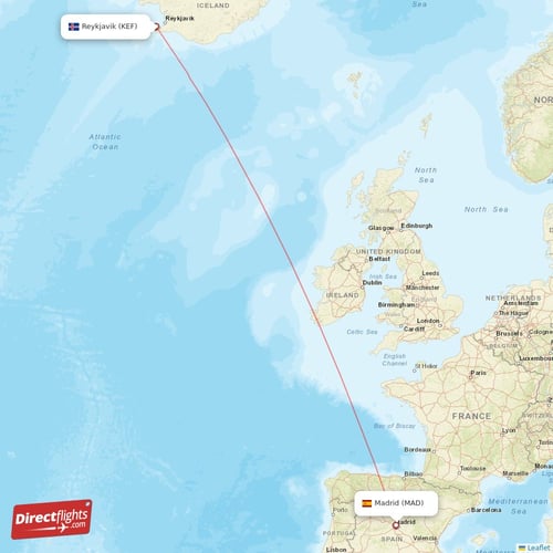 Reykjavik - Madrid direct flight map