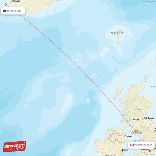 Reykjavik - Manchester direct flight map