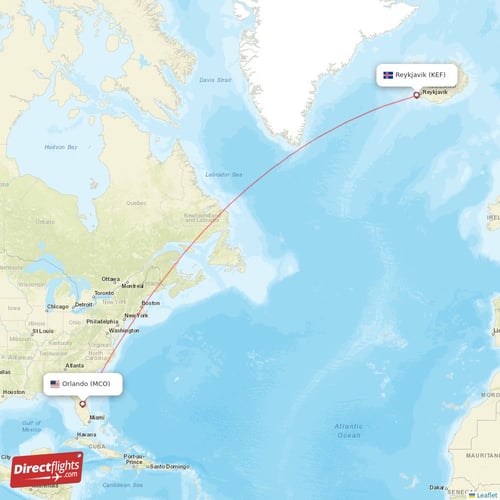 Reykjavik - Orlando direct flight map