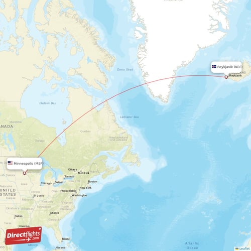 Reykjavik - Minneapolis direct flight map