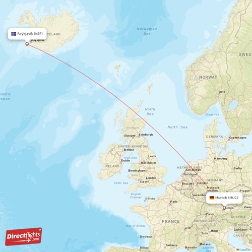 Reykjavik - Munich direct flight map