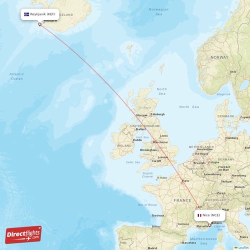 Reykjavik - Nice direct flight map
