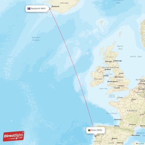 Reykjavik - Porto direct flight map