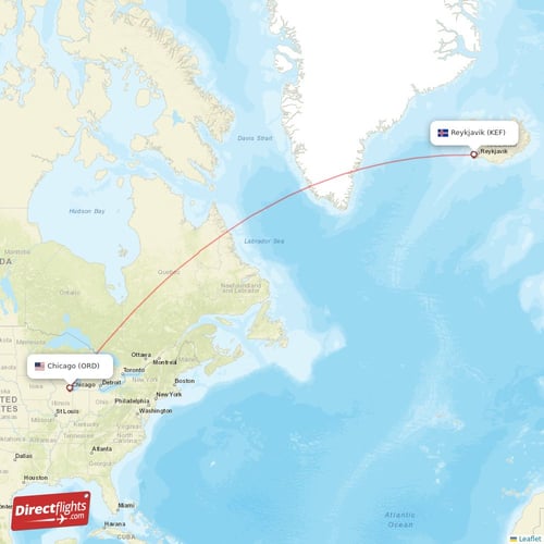 Reykjavik - Chicago direct flight map