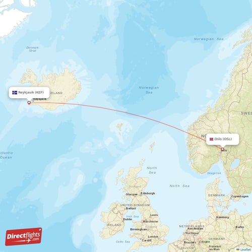 Reykjavik - Oslo direct flight map