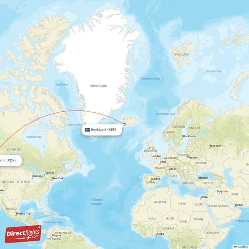 Reykjavik - Portland direct flight map