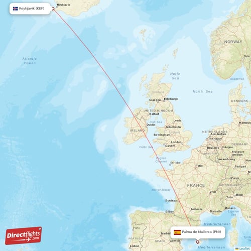 Reykjavik - Palma de Mallorca direct flight map