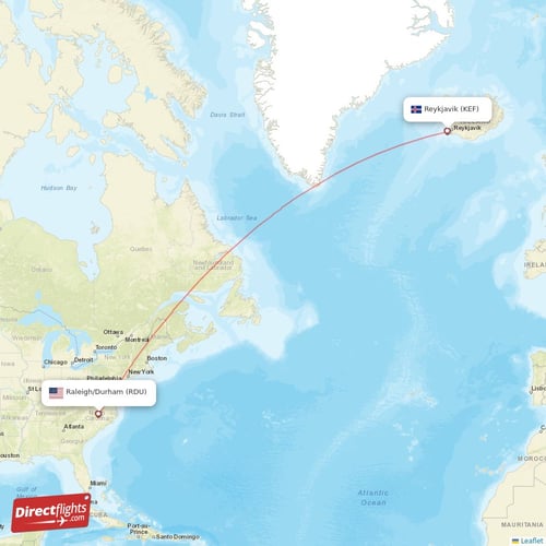 Reykjavik - Raleigh/Durham direct flight map