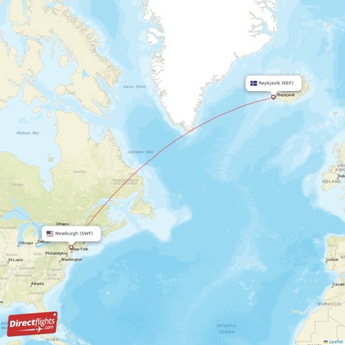 Reykjavik - Newburgh direct flight map