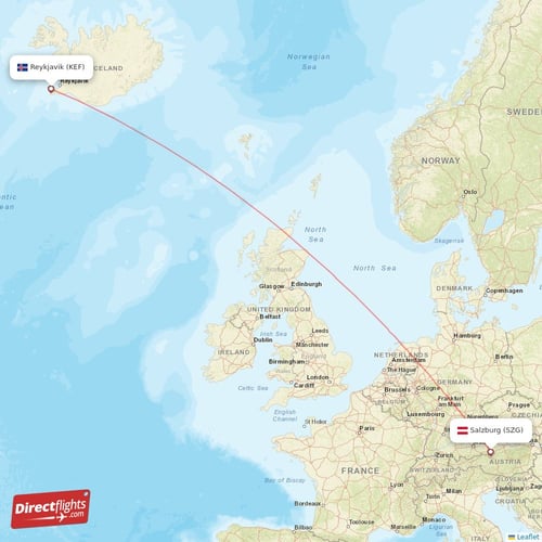 Reykjavik - Salzburg direct flight map