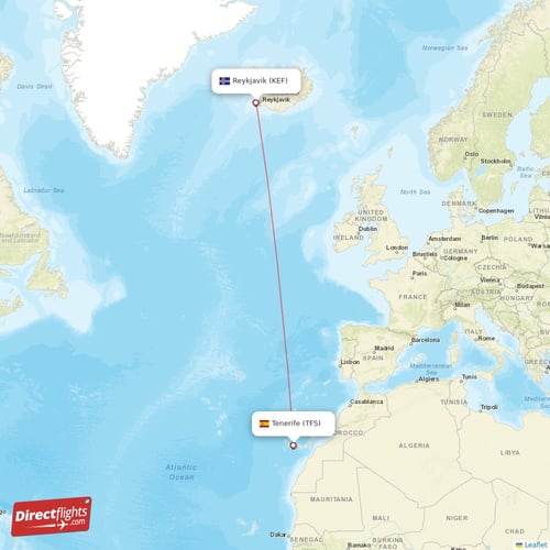 Reykjavik - Tenerife direct flight map