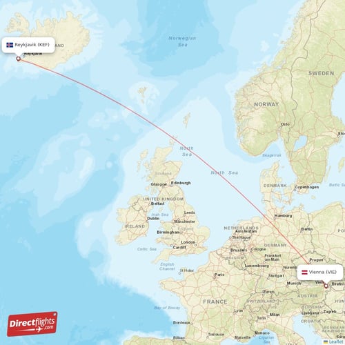 Reykjavik - Vienna direct flight map