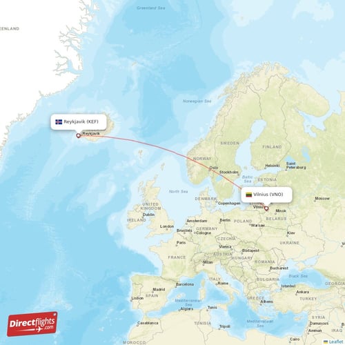 Reykjavik - Vilnius direct flight map