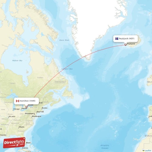 Reykjavik - Hamilton direct flight map