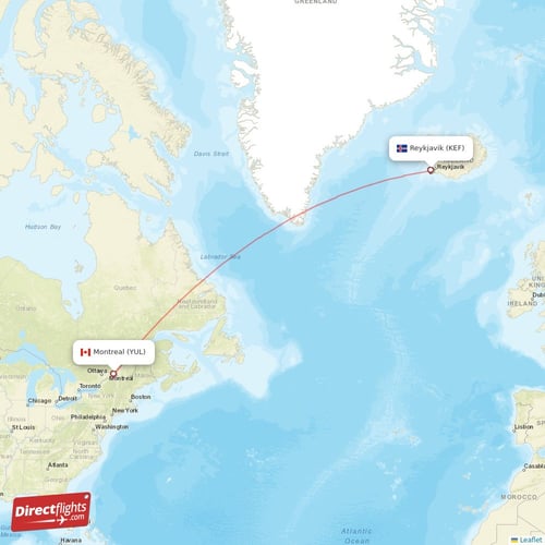 Reykjavik - Montreal direct flight map