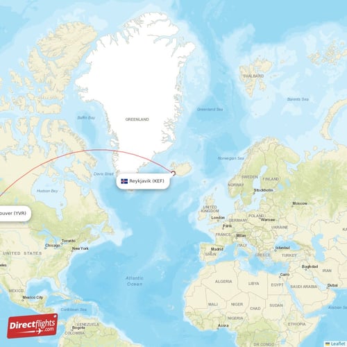 Reykjavik - Vancouver direct flight map