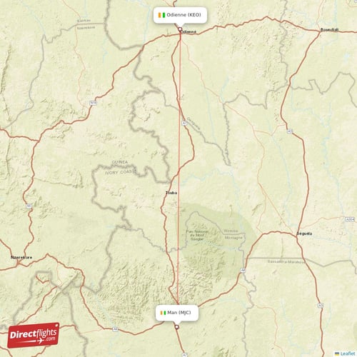 Odienne - Man direct flight map