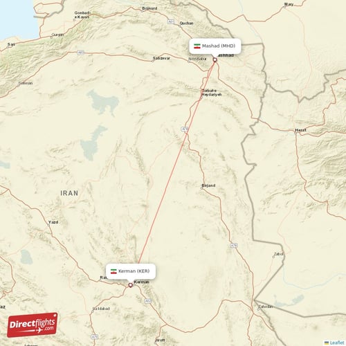 Kerman - Mashad direct flight map