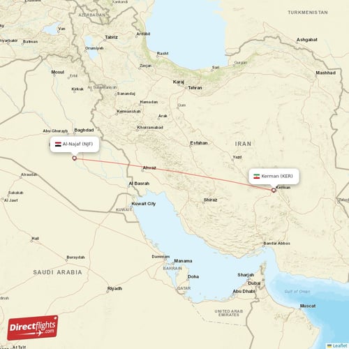 Kerman - Al-Najaf direct flight map