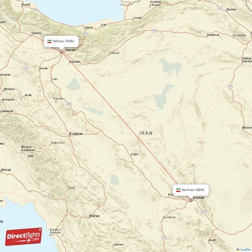Kerman - Tehran direct flight map