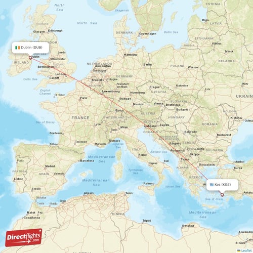 Kos - Dublin direct flight map